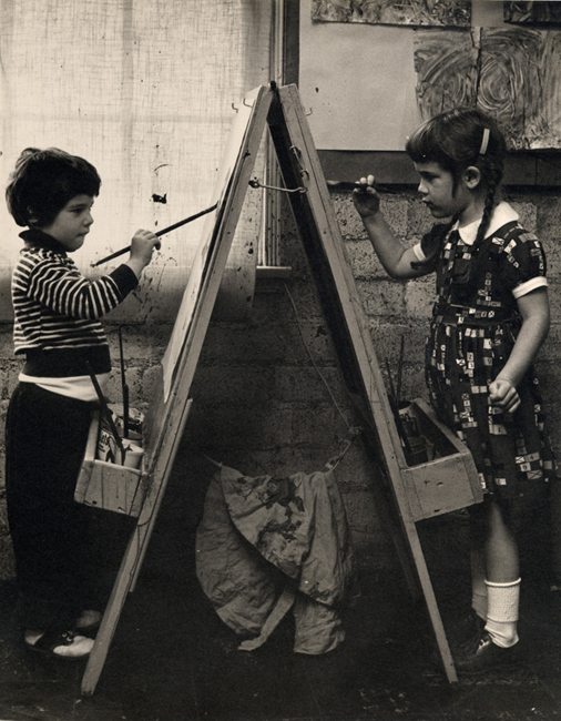 Painting with Roberta Lampert in nursery school, ca. 1956. I am the painter on the right.